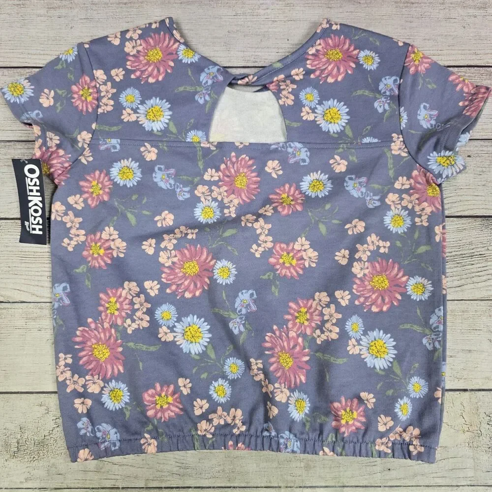 OshKosh B'gosh Kids Girls Blue Floral Short Sleeve Shirt Elastic Bottom 10 NWT